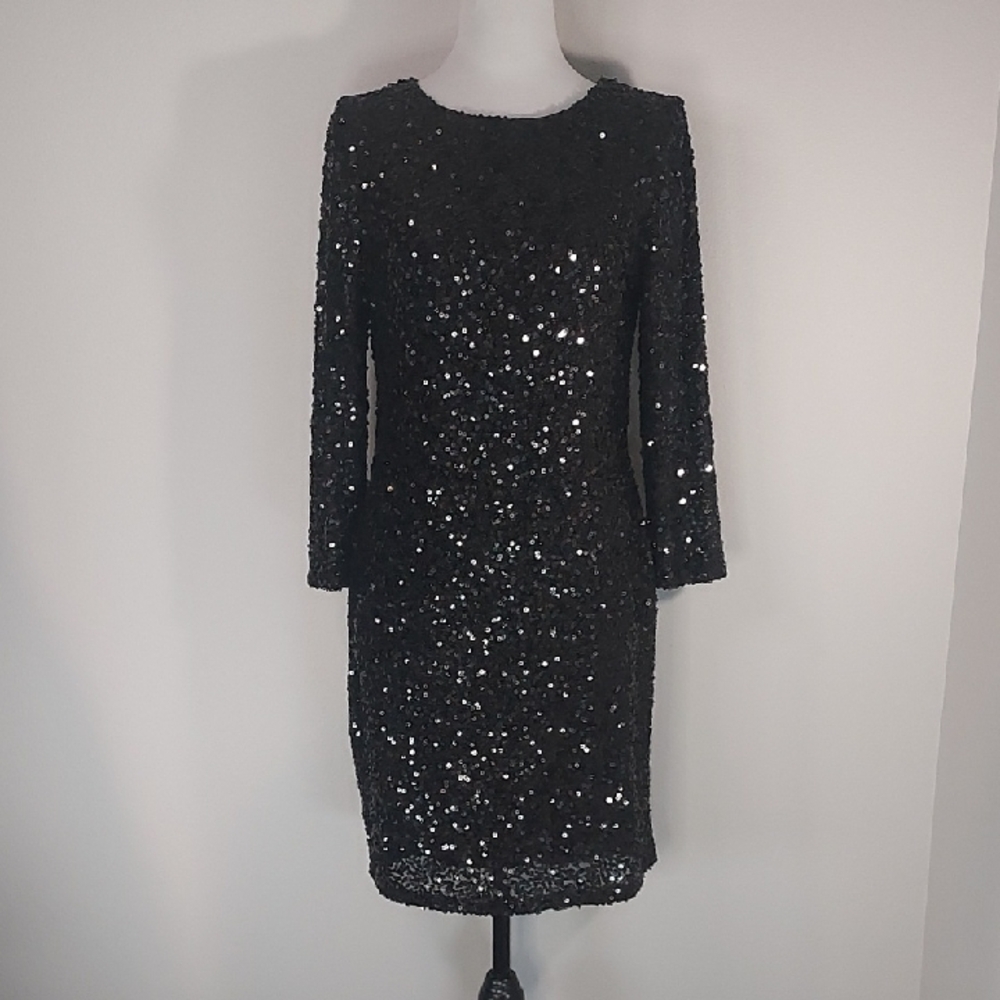 Premier Amour Black Sequined Long Sleeve Cocktail Party Dress Size 8